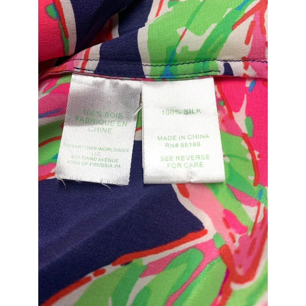 Lilly Pulitzer Elsa Silk Top Blouse Vias Pink Lime Green Navy Blue Printed M